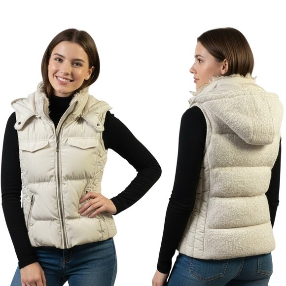 Zara Jackets & Blazers - Zara Trafaluc Small Puffer Vest Beige Quilted Gilet Hooded Tweed Winter Layering